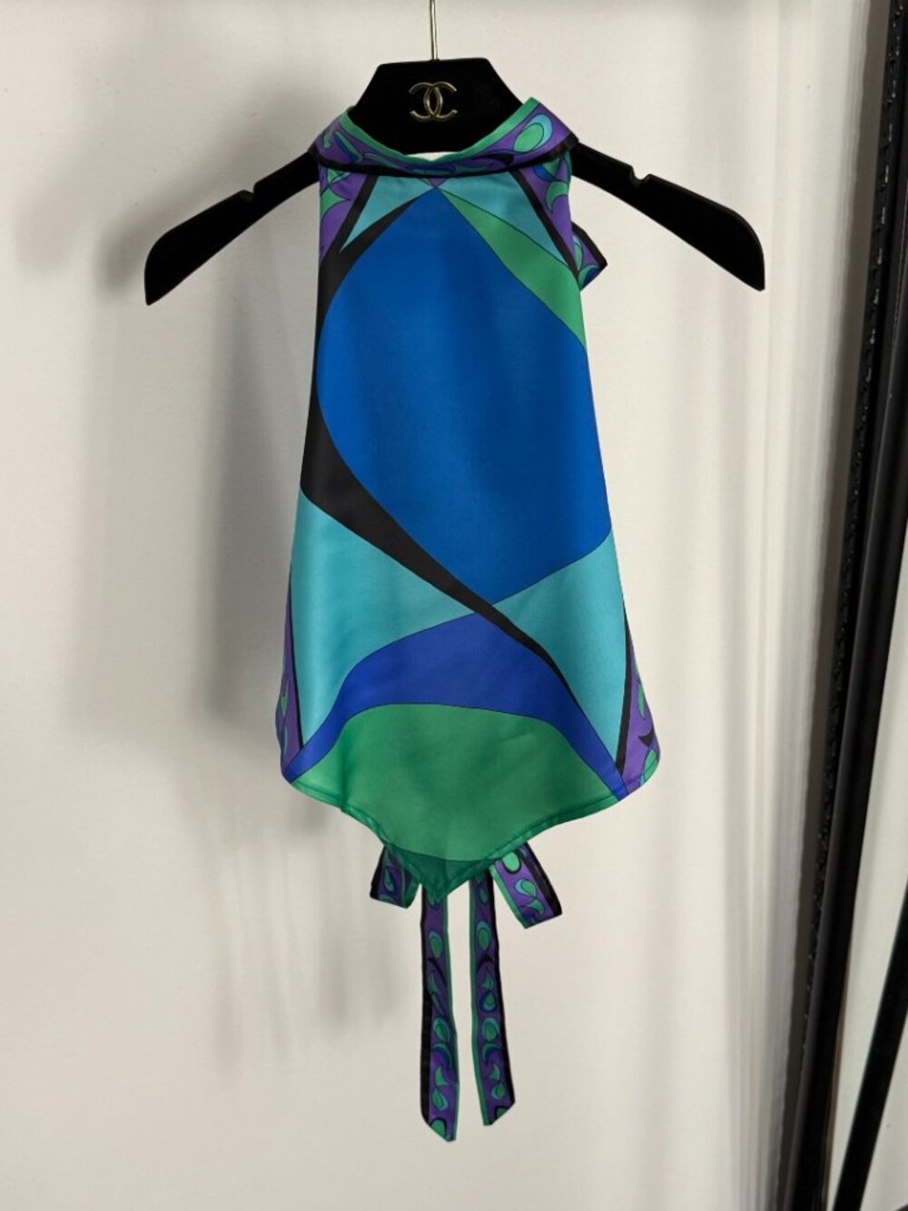 💙Emilio Pucci Retro Abstract Print Silky Halter Tank Dual Bow Detail Open Back